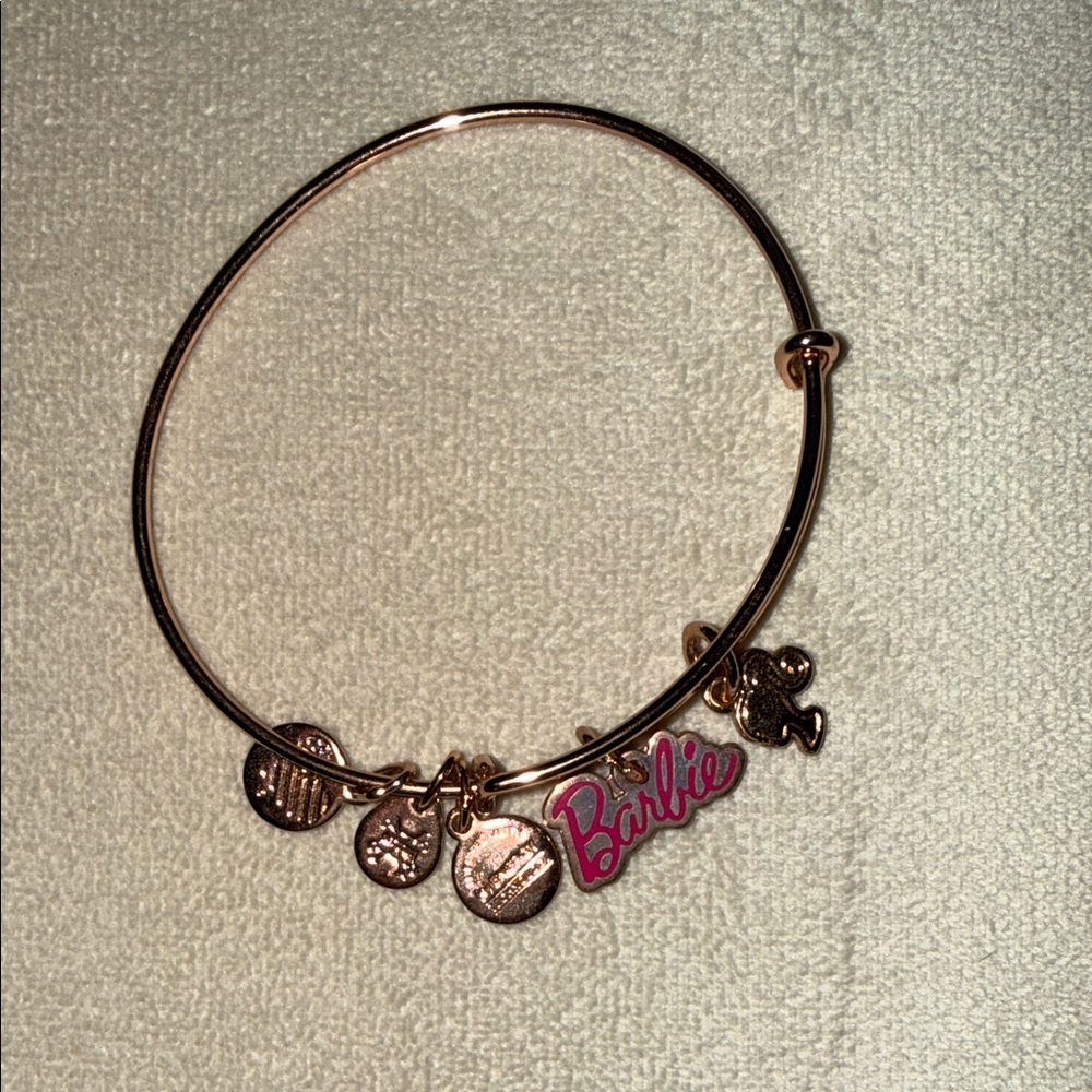 Alex and Ani Rose Gold Bracelet with Pink Barbie Logo Charm